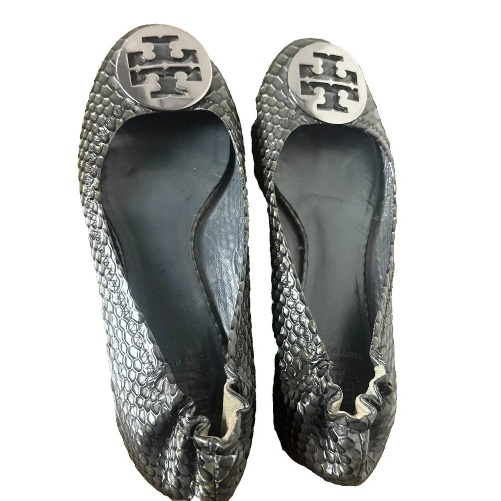 Tory Burch Reva Ballet Flats Snake Embossed Leather Gray 8.5 M Women's Shoes